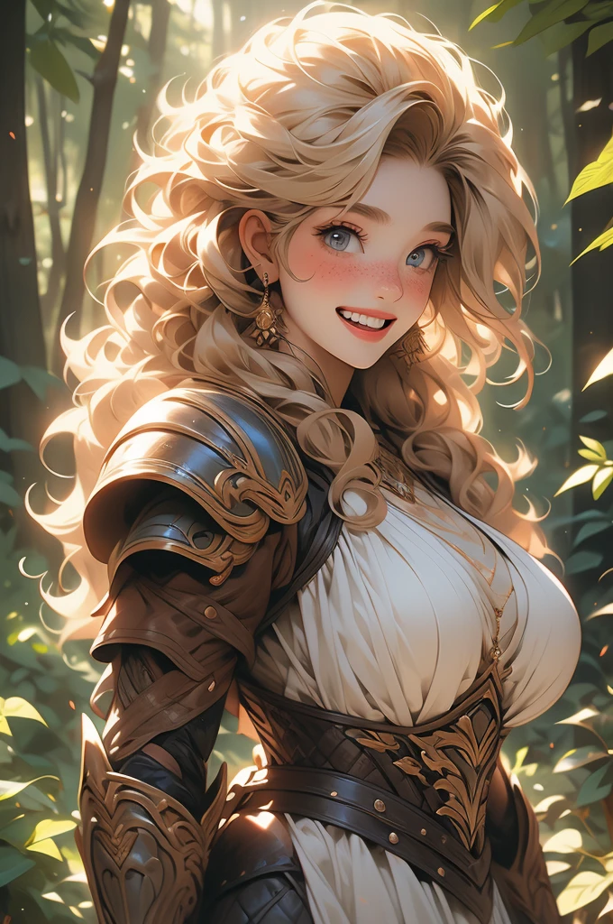 Elven knight, fantasy, plate gauntlets, plate greaves, butt cape, blonde hair, smiling, large sword, action pose, bikini armor, pasties, busty, plate boots, delicate, soft features, beautiful detailed face, shiny skin, elegant, beautiful, hair is upswept updo, thick thighs, large ass, huge breasts:1.3, upper body