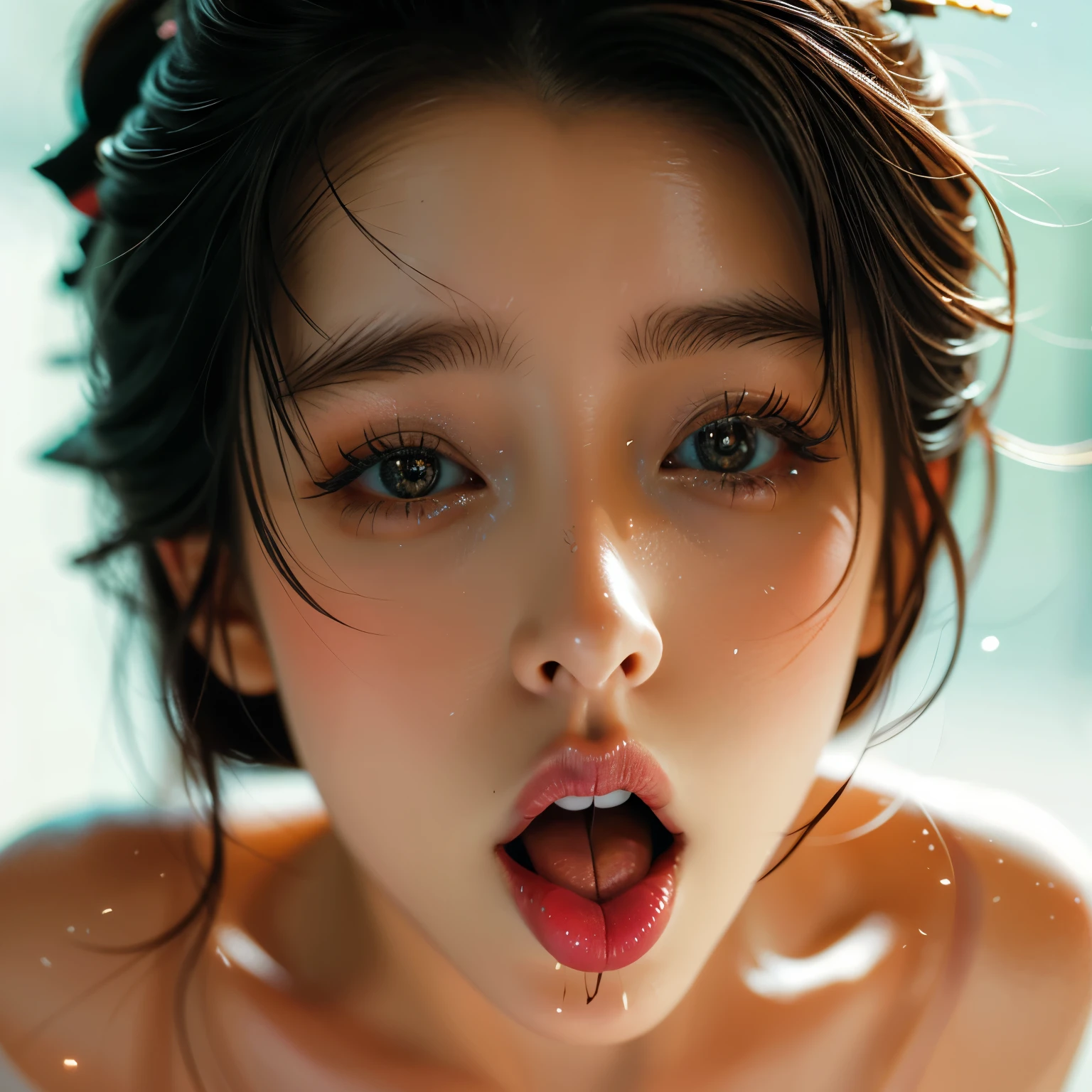 ExtremelyDetailed Kawaii girl Face, (Close-up of KissableTongue)(((Kissing to Camera))) glossy lips with beautiful details, extremely delicate and beautiful (TopQuality Masterpiece of 8K Ultra-detailed(ProfessionalPhoto:1.37)), {Amazing|finely detail|official art|incredibly absurdres} (close-up:1.22), fish eye lens (wide lens) macro lens, Detailed reflective Eyes ElaboratePupils with (sparkling highlights:1.28) Detailed(Voluminous LongEyelashes:0.88), {from Above|Visible back of throat|String of saliva drip|Cum on face}, (naked shoulder:1.32), (Dripping WhiteJuice on tongue:1.33) snow particles 
