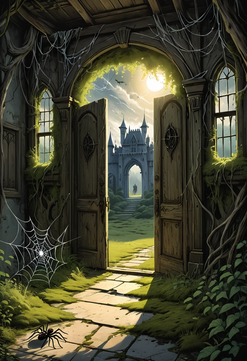 ((Graphic novel illustration:1.7)),(best quality,4K,high resolution,masterpiece:1.5),Extremely detailed,Practical,photoPractical:1.37,Large white castle made of wolf spider web,Wolf spider guarding the entrance,A girl and a boy walking towards a castle made of wolf spider webs,Giant wolf web door,Creepy mysterious atmosphere,Dental teeth,Ancient relics surrounding the magnificent wooden door,Bat shaped door handle,Strong sunlight penetrates the clouds,Soft moss covers the ground,Mysterious floating ball of light,,Twisted branches covered with wolf spider webs stretching toward the sky,Dark and spooky palette,Shadows lurking around every corner,The whispers in the wind,Hidden secrets waiting to be discovered,The vines are overgrown,It's covered with wolf spider webs,Ivy climbing up the castle wall,Broken stone carving,Complex details,Ancient statue of a mythical creature,The castle is reflected in the quiet pond.,Moonlight shines,Starlight,A gloomy and frightening presence,The air feels charged with magic,Spire made of wolf spider webs,Footsteps in the distance,The castle is surrounded by a charming atmosphere,The castle windows are lit by flickering candles,A hint of adventure and suspense,A magical fantasy world,Awesome majestic building, Wolf spiders everywhere, Wolf spiders everywhere网 (important)