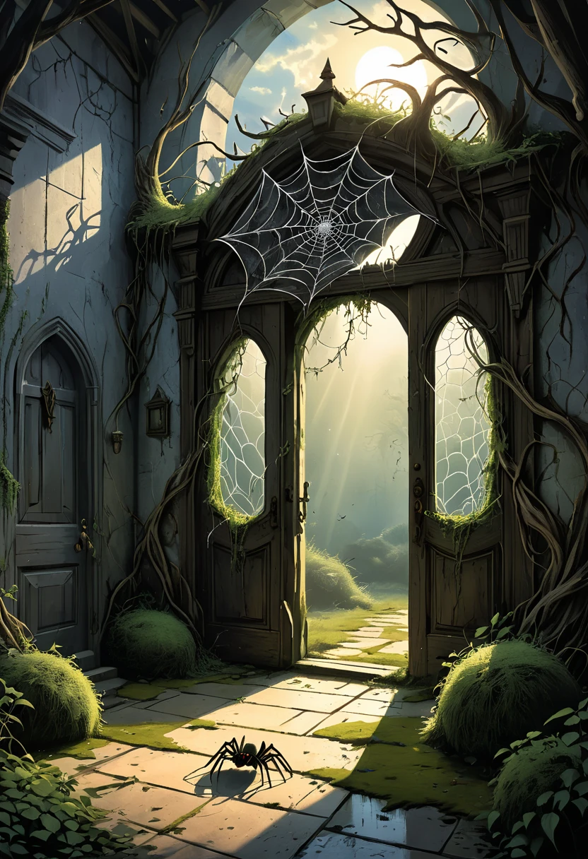 ((Graphic novel illustration:1.7)),(best quality,4K,high resolution,masterpiece:1.5),Extremely detailed,Practical,photoPractical:1.37,Large white castle made of wolf spider web,Wolf spider guarding the entrance,A girl and a boy walking towards a castle made of wolf spider webs,Giant wolf web door,Creepy mysterious atmosphere,Dental teeth,Ancient relics surrounding the magnificent wooden door,Bat shaped door handle,Strong sunlight penetrates the clouds,Soft moss covers the ground,Mysterious floating ball of light,,Twisted branches covered with wolf spider webs stretching toward the sky,Dark and spooky palette,Shadows lurking around every corner,The whispers in the wind,Hidden secrets waiting to be discovered,The vines are overgrown,It's covered with wolf spider webs,Ivy climbing up the castle wall,Broken stone carving,Complex details,Ancient statue of a mythical creature,The castle is reflected in the quiet pond.,Moonlight shines,Starlight,A gloomy and frightening presence,The air feels charged with magic,Spire made of wolf spider webs,Footsteps in the distance,The castle is surrounded by a charming atmosphere,The castle windows are lit by flickering candles,A hint of adventure and suspense,A magical fantasy world,Awesome majestic building, Wolf spiders everywhere, Wolf spiders everywhere网 (important)