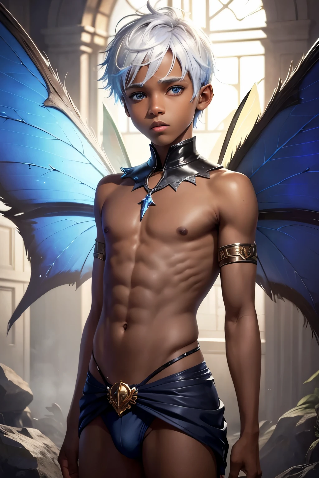 1boy, male, cute face, brown skin, dark skin, fairy, fairy wings, blue fairy wings, blue eyes, white hair, short hair, emo hair, sexy, skimpy, priest, blood magic