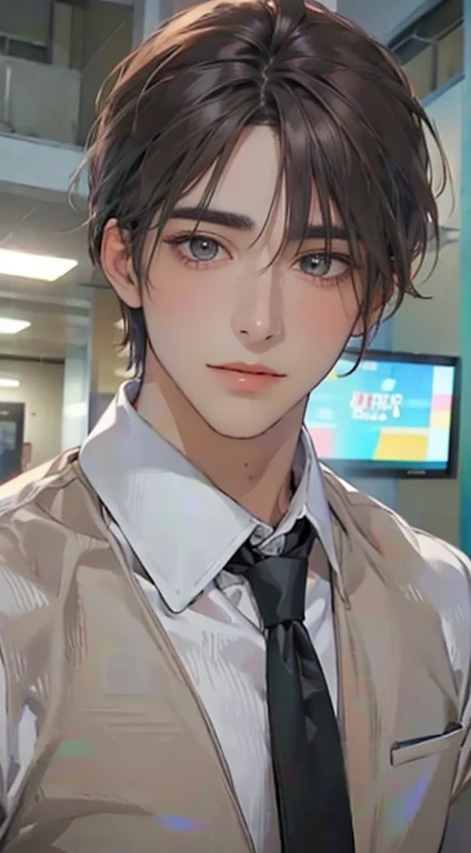 (Highest quality,4K,8K,High resolution,masterpiece:1.2),Super detailed,(Realistic,photoRealistic,photo-Realistic:1.37),1 person,34 years old,Mature Men,Beautiful skin、very handsome,Expressionless smile in love,Short gray brown hair,green eyes,Sharp Eyes,A perfect face without a doubt,Businessman, CEO, Office Background,Cinema Lighting,HDR image,tie、