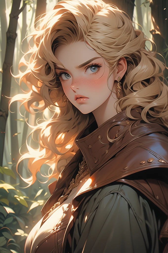 1 girl, curly blonde hair, freckles, voluptuous, giant, strong, angry, looking down at viewer, leather armor, heroine, forest background
