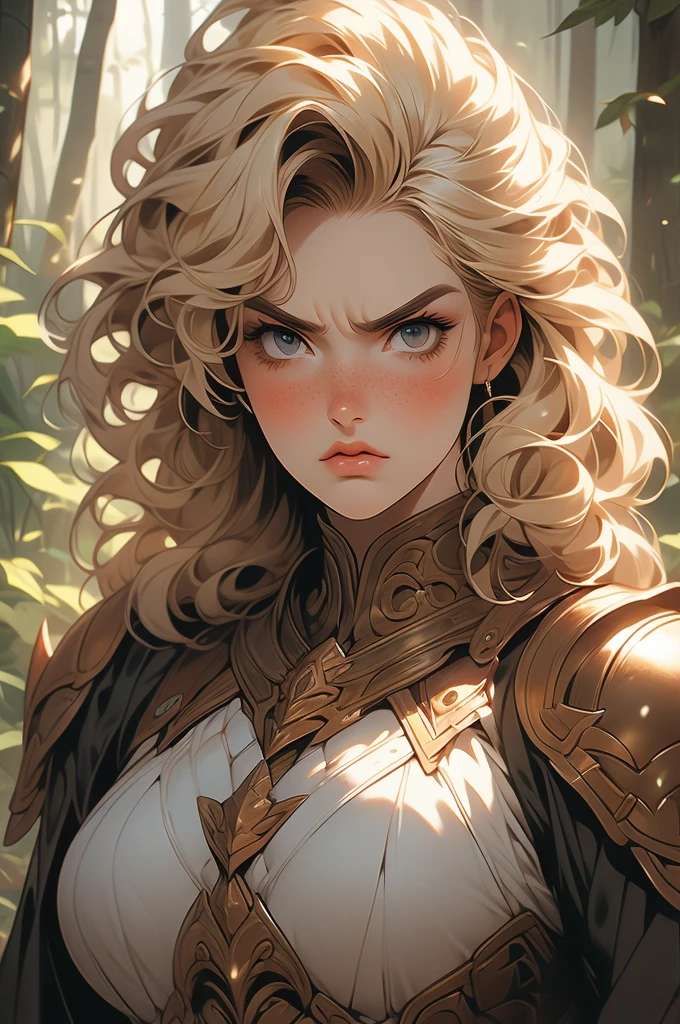 1 girl, curly blonde hair, freckles, voluptuous, giant, strong, angry, looking down at viewer, leather armor, heroine, forest background