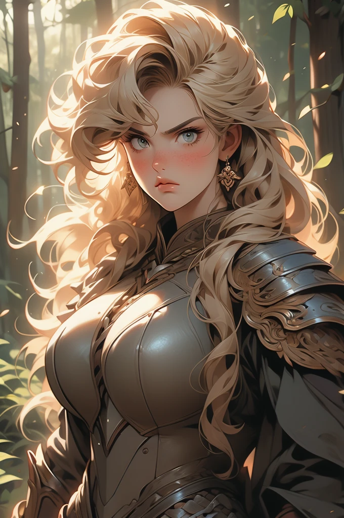 1 girl, curly blonde hair, freckles, voluptuous, giant, strong, angry, looking down at viewer, leather armor, heroine, forest background