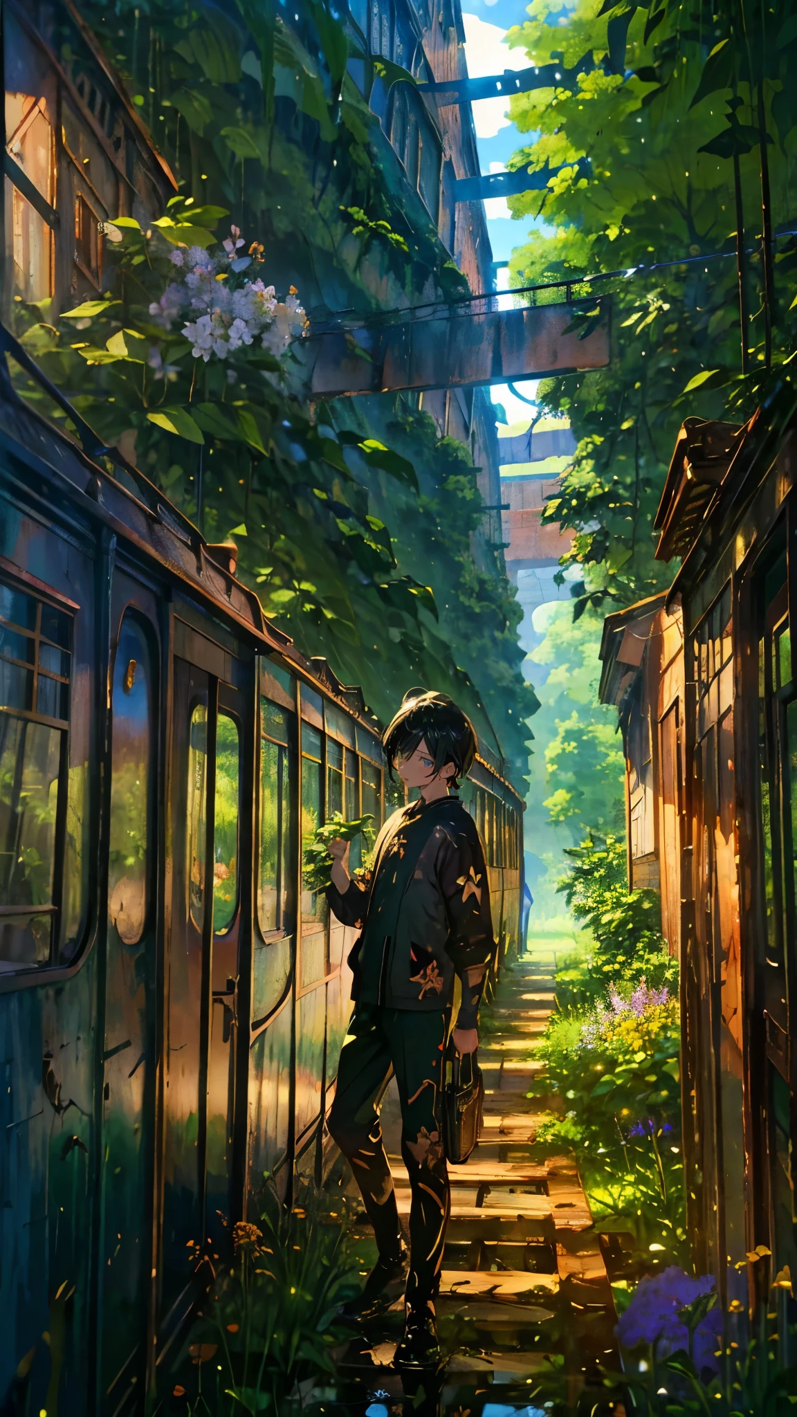 (Mastepiece), (Best Quality), Very detailed, (1 boy:1.5), (Full body solo shot:1.4), Perfect Face, Beautiful Boy, Very detailedな顔,(Black short hair:1.5),(Green Eyes:1.4),(short pants:1.4)、(Lots of butterflies々:1.4)、bird、(Ruined station、line、Rusty train:1.5)、(Lots of plants and trees、flower:1.4)、mysterious、Fantasy、beautiful、Beautiful Landscape