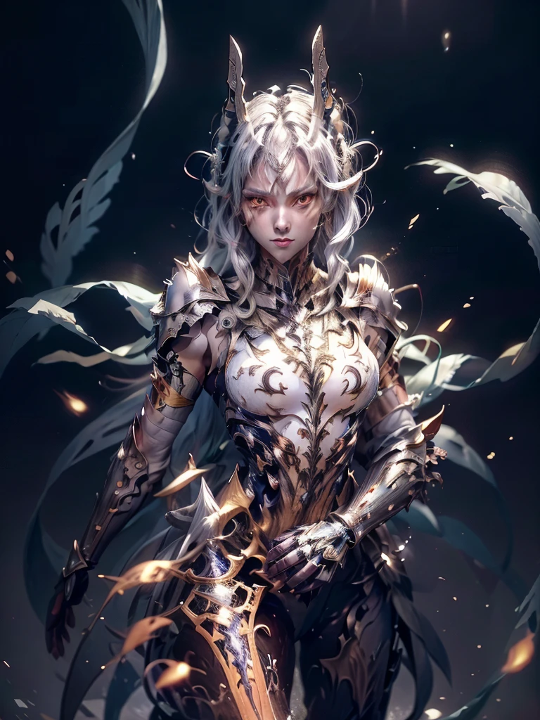 4K Digital art style quality, digital drawing mode, Japanese female character, silvery white hair with fox ears and tails, bright gold eyes, wearing a tank-top with magical runes, holding a mystical sword, Blur the background to create a three-dimensional effect, atmosphere, standing in a serene feudal Japan village, radiant skin, flowing hair, glossy lips, protective eyes, full body, dynamic pose, life size, perfect anatomy, detailed skin texture, full HD, 4K, HDR, perfect anatomy, depth of field.