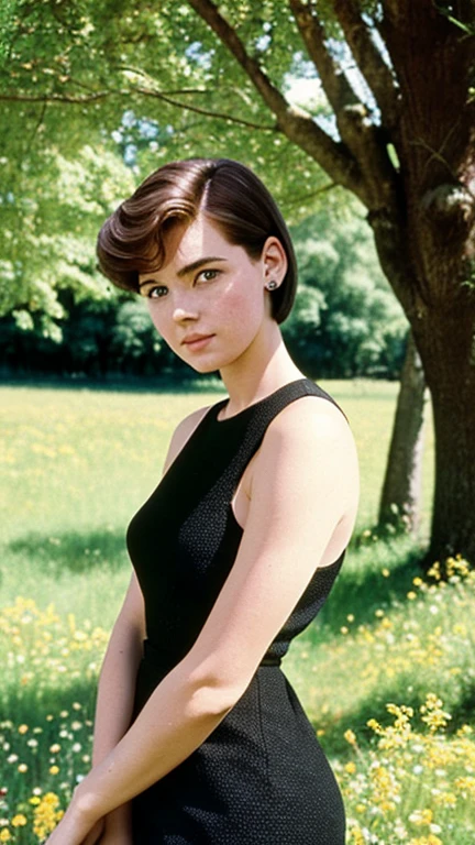 90s TV Serie photo long angle focus on her, shows a woman, freckles face, wavy shag haircut, perfect skin, wearing a bodycon black dress, she is resting next to a tree, in a beautiful afternoon at a long field or multiple flowers, retro VHS filter, 1980 vibes, aesthetic