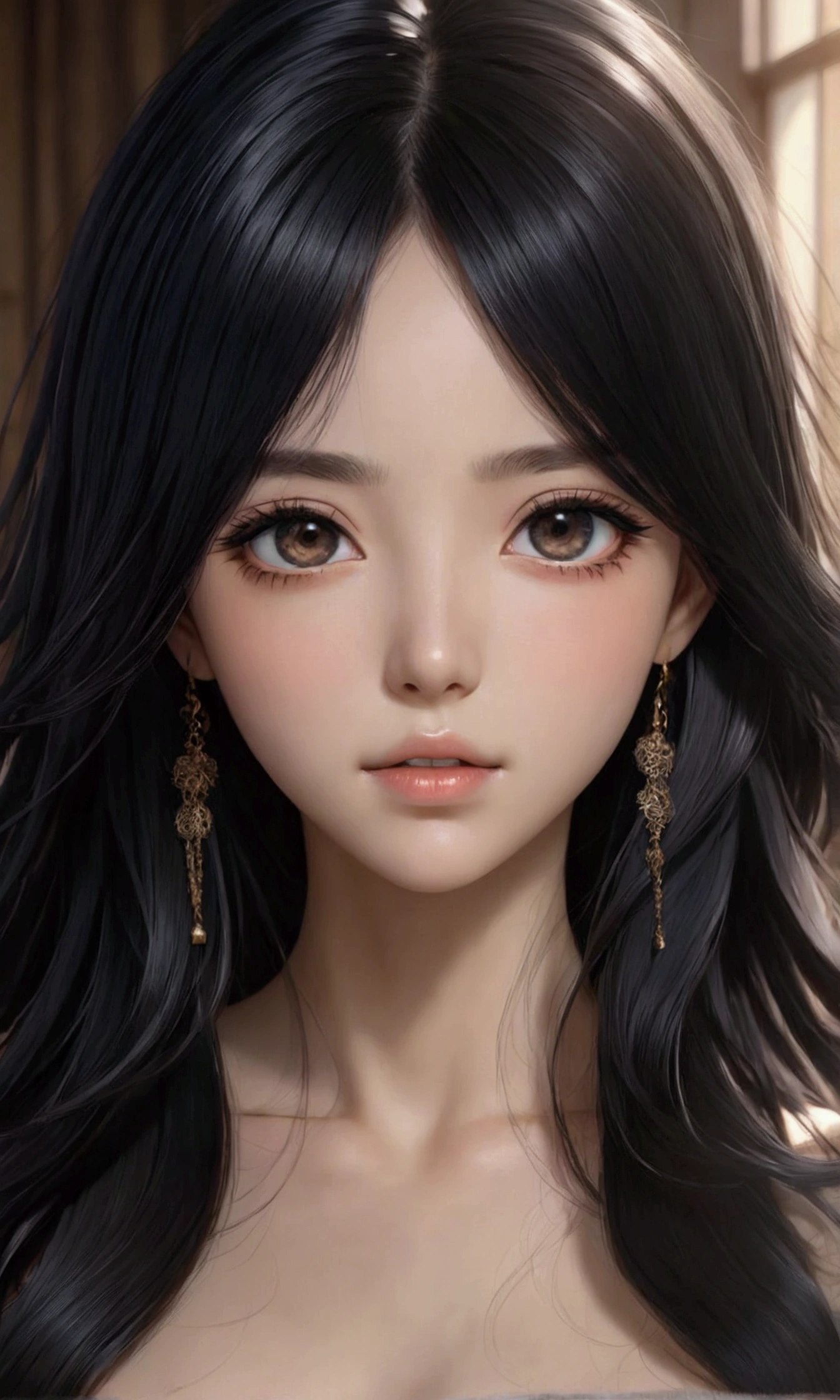 Anime young woman with long black hair, black eyes, nude, masterpiece, best quality, aesthetic, ultra-detailed, ultra-sharp, 4k