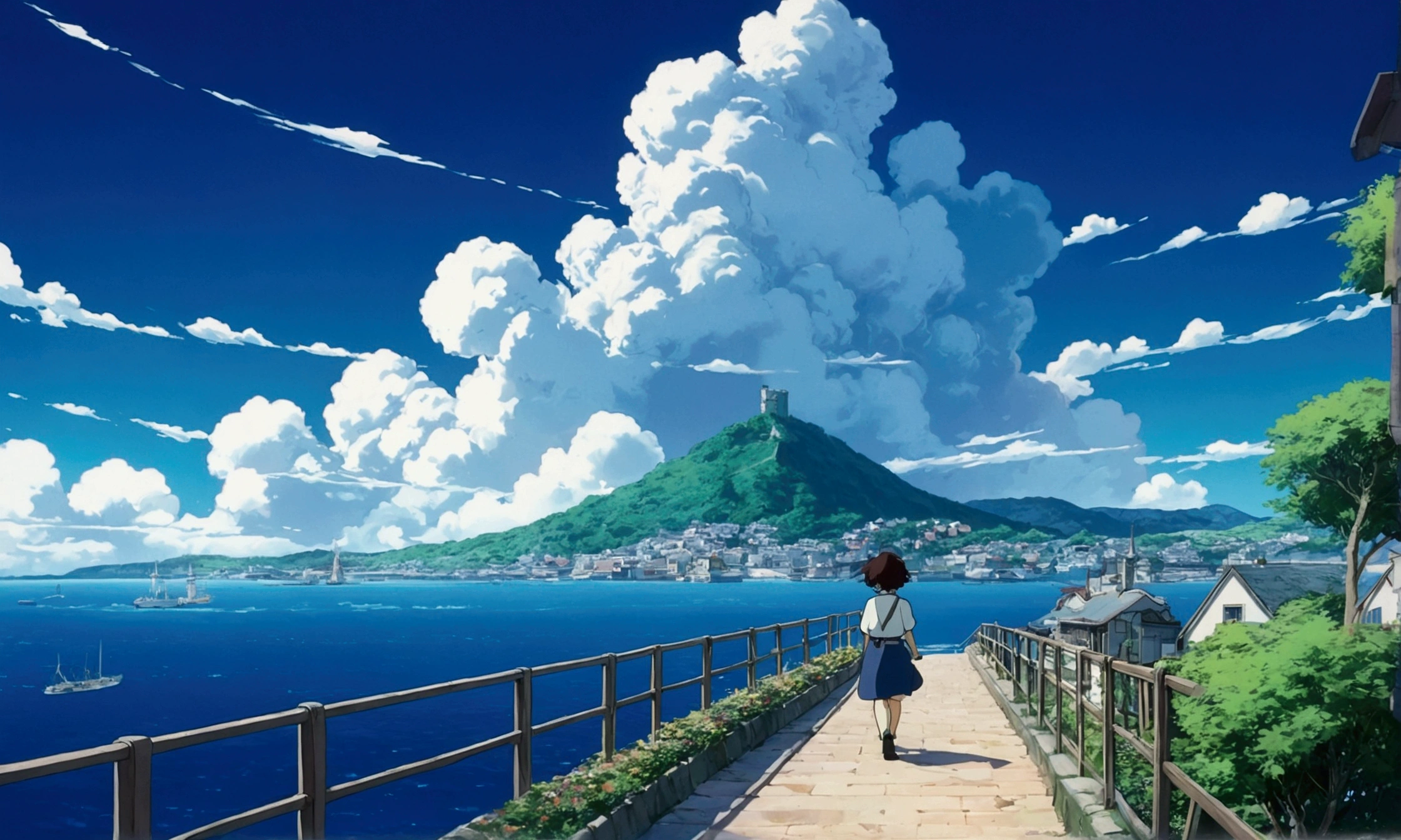 Ultra-high resolution,80s aesthetic anime ,outline,Studio Ghibli,Turn your back on the viewer, Port town,Walking,White cloud,Deep Blue Sea,Anime Bloom Effect,Soft lighting,CG particle effects 4K resolution