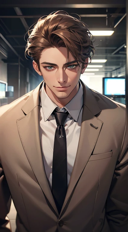 (Highest quality,4K,8K,High resolution,masterpiece:1.2),Super detailed,(Realistic,photoRealistic,photo-Realistic:1.37),1 person,34 years old, Men,Beautiful skin、very handsome,Expressionless smile in love,Short gray brown hair,green eyes,Sharp Eyes,A perfect face without a doubt,Businessman, CEO, Office Background,Cinema Lighting,HDR image,tie、