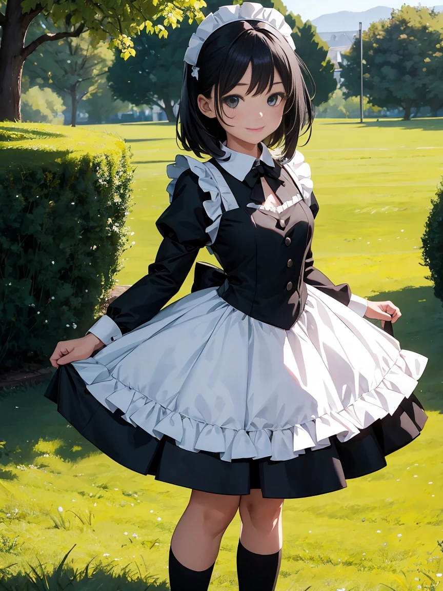 Draw the face in detail、1 childish girl、Maid costume、Professional lighting、Happy expression、Shiny black hair、Perfect anatomical structure、On a green meadow、Standing posture