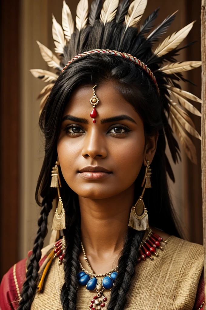 Foto RAW, looks like Anushka Shetty with realistic Indian headdress , tribal girl, stunning looks, tribal headdress, tattoos, colourful tribal tattoos, tribal white girl, Polynesian tribe, best quality , best cinematic colour grading, detailed lighting,  high resolution  , (pele altamente detalhada: 1.2), 8k UHD, DSLR, soft-lighting, alta qualidade, grain of film, Fujifilm XT3