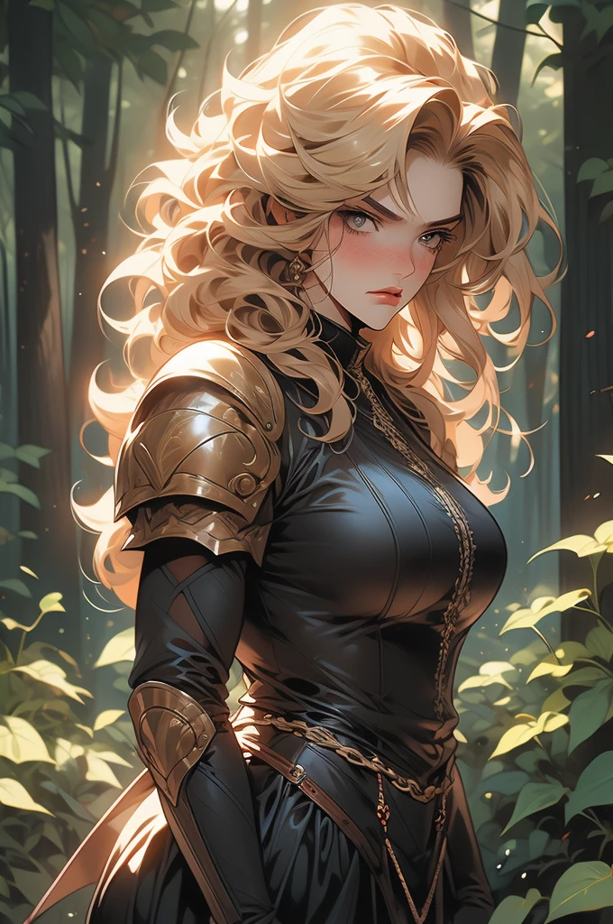 1 girl, curly blonde hair, freckles, voluptuous, giant, strong, angry, leash, bdsm, looking down at viewer, leather armor, heroine, forest background