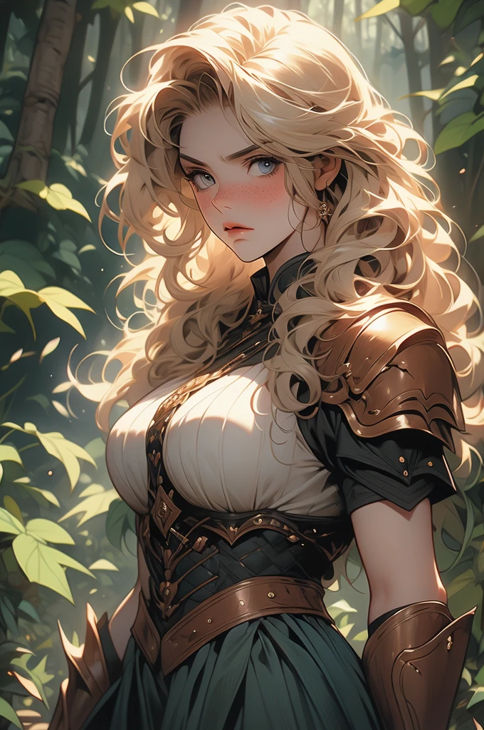 1 girl, curly blonde hair, freckles, voluptuous, giant, strong, angry, leash, bdsm, looking down at viewer, leather armor, heroine, forest background