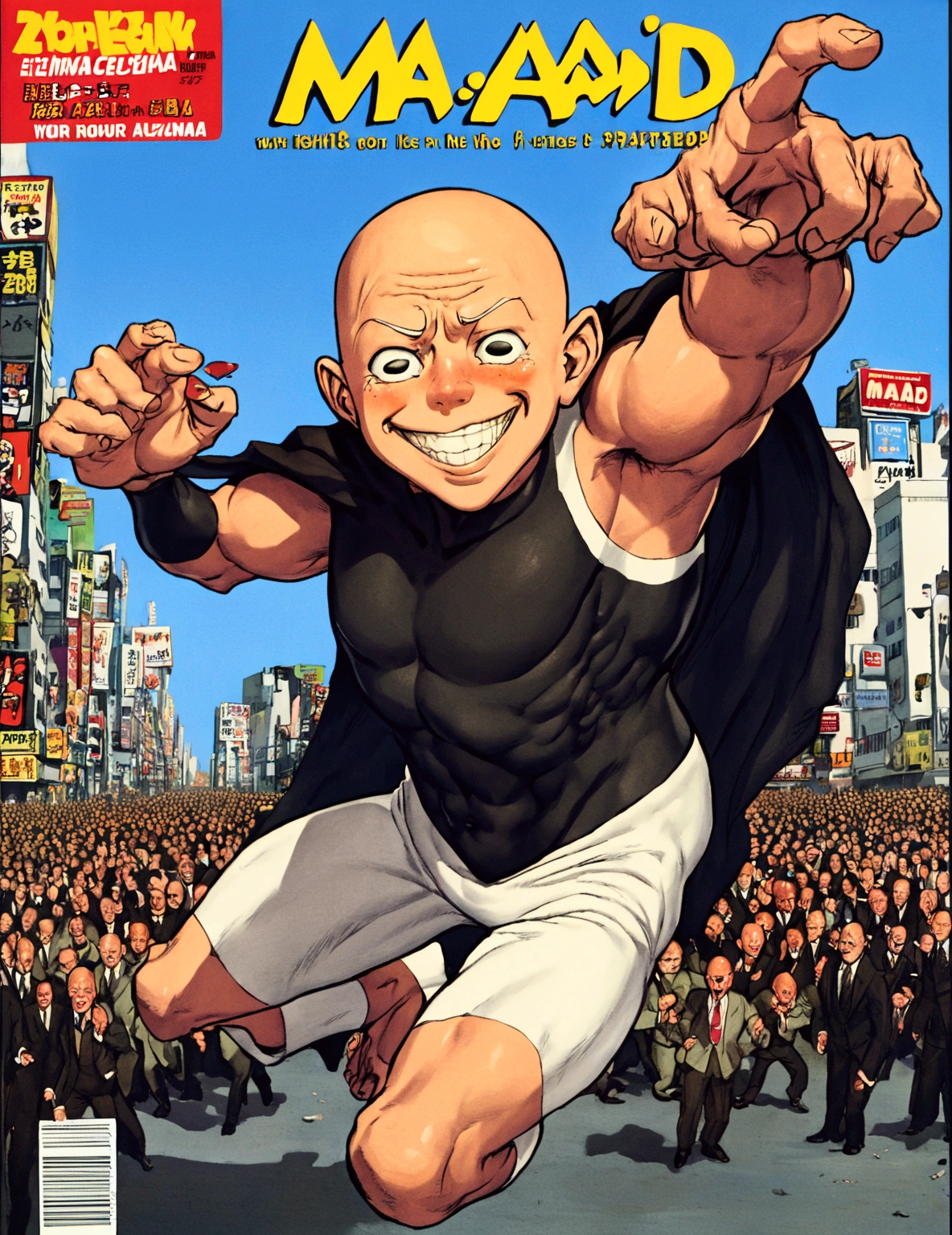 (Mad Magazine cover) (A muscular bald man with a wide grin, a classic Alfred E. Neuman face, classic Saitama pajama outfit with blanket cape) in a heroic one-punch pose, the bloody remains of a monster strewn across a panicked crowd in downtown Tokyo, dynamic action, cinematic lighting, digital painting, highly detailed, 8k, photorealistic, dynamic composition, dramatic atmosphere, striking colors, vibrant (title across the top MAD)