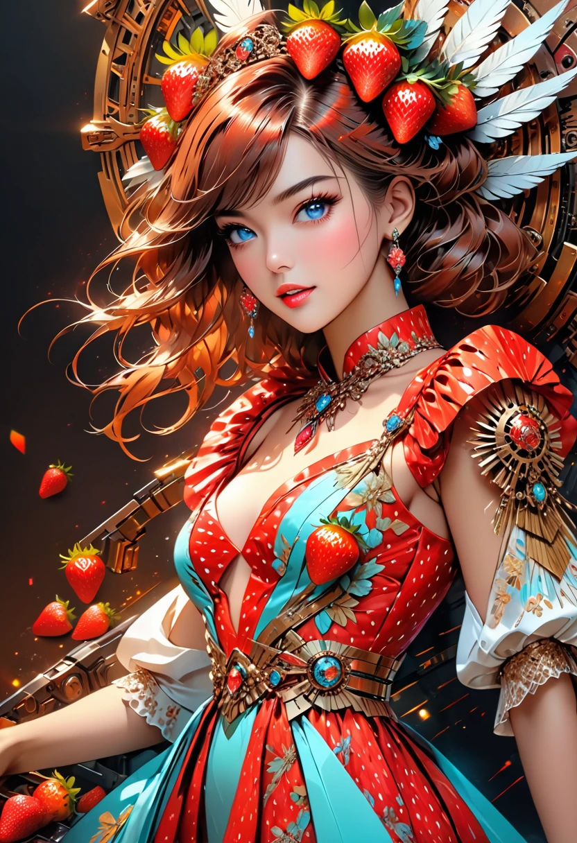 a portrait of  an exotic, elegant beautiful mecha woman eating an epic, (legendary strawberry: 1.3) in cocktail party , ((full body: 1.5)), ((anatomically correct: 1.5)), (ultra detailed face: 1.2), dynamic eye color, glowing eyes, dynamic hair color, dynamic hair style dynamic skin complexion, wearing 1960's glamour intricate dress, high. fashion dress, dynamic color dress, wearing high heels, cocktail party background, vibrant, Ultra-high resolution, High Contrast, (masterpiece:1.5), highest quality, Best aesthetics), best details, best quality, highres, 16k, (ultra detailed: 1.5), masterpiece, best quality, (extremely detailed) RAW, (ultra details, Masterpiece, best quality), Hyperrealism style, MechanicusStyleAI, 