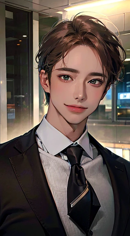 (Highest quality,4K,8K,High resolution,masterpiece:1.2),Super detailed,(Realistic,photoRealistic,photo-Realistic:1.37),1 person,34 years old,Mature Men,Beautiful skin、very handsome,Expressionless smile in love,Short gray brown hair,green eyes,Sharp Eyes,A perfect face without a doubt,Businessman, CEO, Office Background,Cinema Lighting,HDR image,tie、