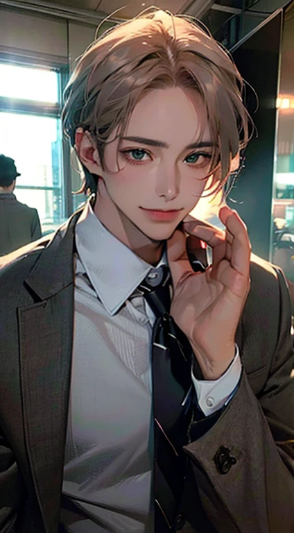 (Highest quality,4K,8K,High resolution,masterpiece:1.2),Super detailed,(Realistic,photoRealistic,photo-Realistic:1.37),1 person,34 years old,Mature Men,Beautiful skin、very handsome,Expressionless smile in love,Short gray brown hair,green eyes,Sharp Eyes,A perfect face without a doubt,Businessman, CEO, Office Background,Cinema Lighting,HDR image,tie、