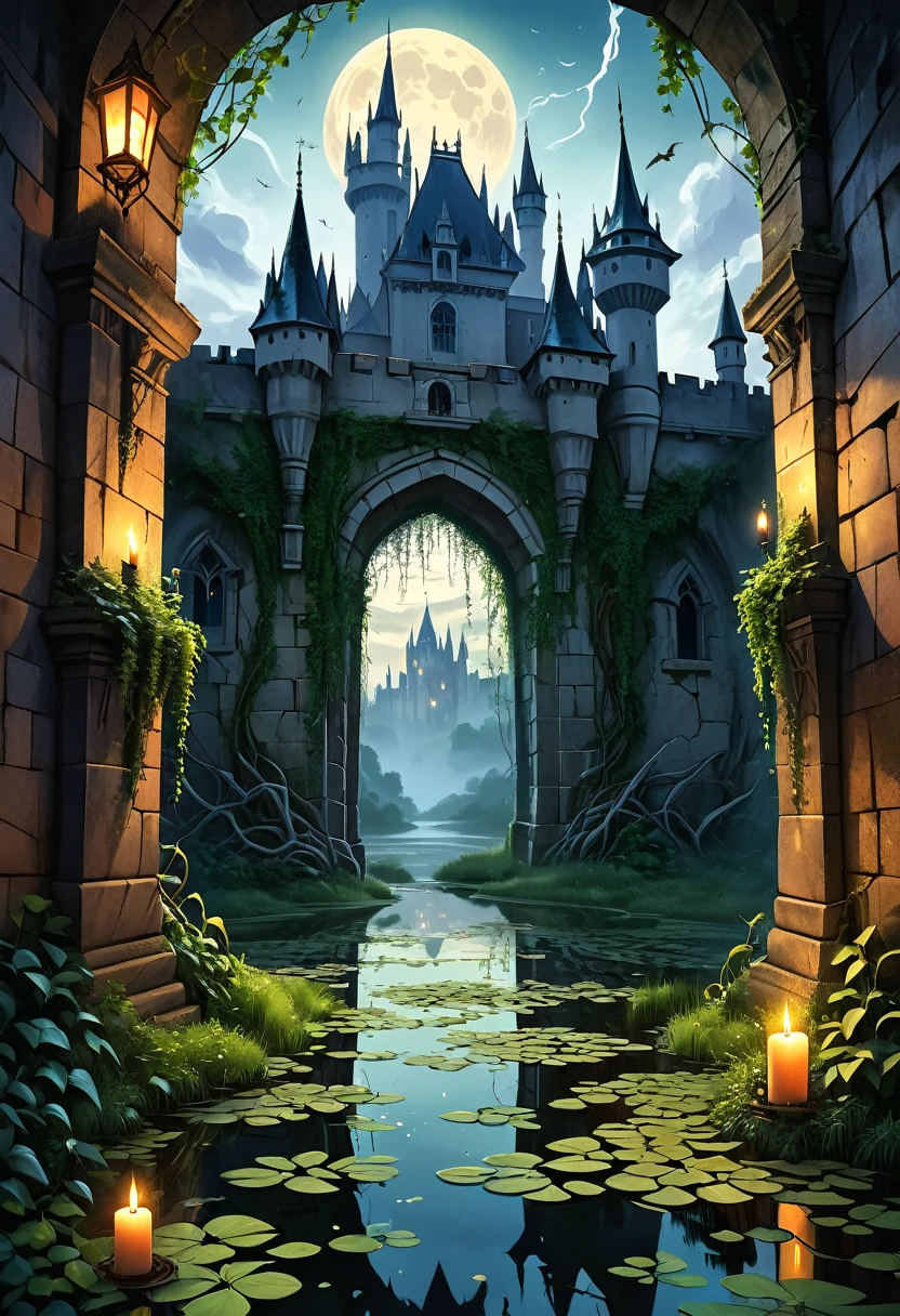 ((Graphic novel illustration:1.7)),(best quality,4K,high resolution,masterpiece:1.5),Extremely detailed,Practical,photoPractical:1.37,magic castle gate，Awesome mysterious atmosphere,Dental teeth,Ancient ruins on the magnificent wooden gates around Strong sunlight penetrates the clouds,Soft moss covers the ground,Mysterious floating ball of light,,Twisted branches covered with wolf spider webs stretching toward the sky,Dark and spooky palette,Shadows lurking around every corner,The whispers in the wind,Hidden secrets waiting to be discovered,The vines are overgrown，Ivy climbing up the castle wall,Broken stone carving，Complex details,Ancient statue of a mythical creature,The castle is reflected in the quiet pond.,Moonlight shines，Starlight,A gloomy and frightening presence,The air feels charged with magic,Spire made of wolf spider webs,Footsteps in the distance,The castle is surrounded by a charming atmosphere,The castle windows are lit by flickering candles,A hint of adventure and suspense,A magical fantasy world,Awesome majestic building