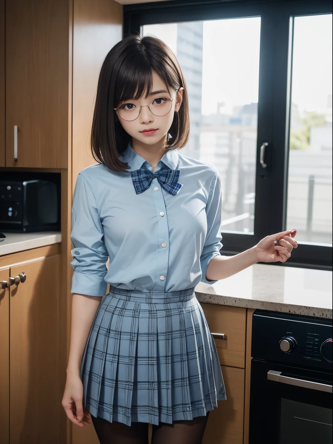 (8k、生photograph、Highest quality、masterpiece:1.2)、Bobcut、(Small eyes)、(Black Pantyhose)、((Small breasts)、(Small breasts)、(Small breasts)、(Cutting board)、(Cutting board))、((Half an eye))、((Sleepy eyes))、((Squint your eyes))、(Round Glasses)、One person、cute、JK、high school girl、Japanese women、Are standing、(PhotoReactive:1.37)、Photon Mapping、Real、(Very delicate face)、cute小さな顔、Brown eyes、(Red bow tie)、Radio City、Physically Based Rendering、Prospect、Character boundary depth、Blurred Background、photograph、girl、body、Beautiful feet、Long legs、Thin legs、(前hairが見える)、hair、lips、Blue_The目、Soft Nose、(Light blue shirt)、(Navy, blue and white plaid pleated skirt)、High school uniforms、See-through clothing、Thighs、black cotton socks、Nogizaka Idol、、Japan Ido