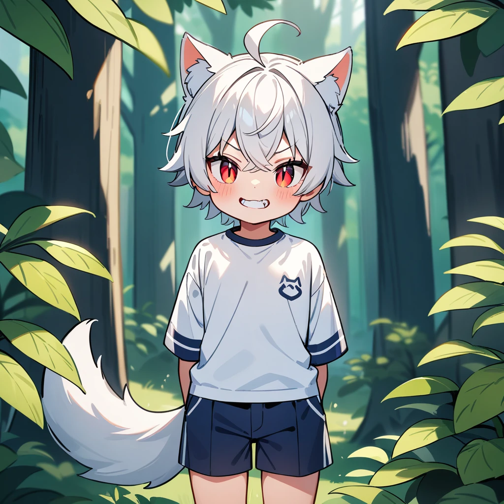 （masterpiece：1.2，high quality），4K，High resolution，A seven-year-old boy，cute boy，white hair，short hair，crossed bangs，red eyes，slit pupils， ahoge，cat ears，smile，clenched teeth， fang，Wearing a white shirt，dark blue shorts，Stand in the forest，There are flowering trees on both sides.，primary school student，thigh，alone，dog tail，((Hands behind your back))