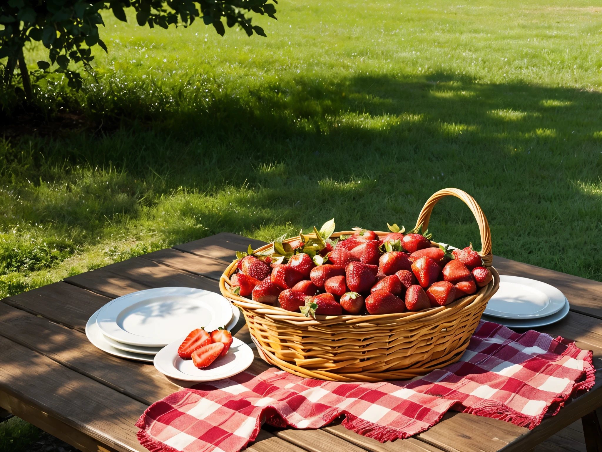 (masterpiece, best quality), best resolution, basket full of strawberries on a picnic table