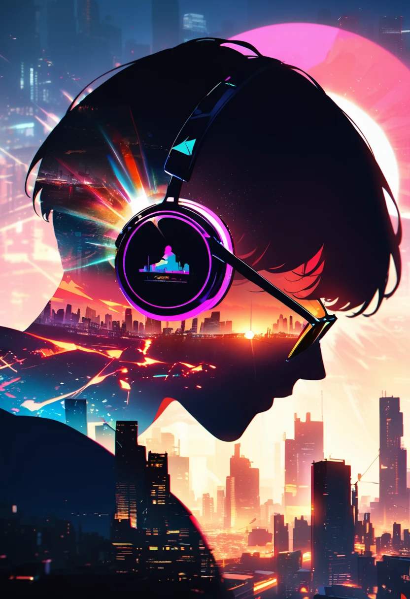 silhouette of a man in profile. short hair, (((sun glasses:1.3))), (headphones:1.3), Inside the silhouette you can see the  with a deep cyberpunk, city, supernova explosion, cyberpunk night city back ground（masterpiece), ((double exposure)), proportional.,DOUBLE EXPOSURE