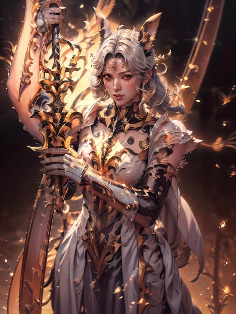 4K Digital art style quality, digital drawing mode, Japanese female character, silvery white hair with fox ears and tails, bright gold eyes, wearing a tank-top with magical runes, holding a mystical sword, Blur the background to create a three-dimensional effect, atmosphere, standing in a serene feudal Japan village, radiant skin, flowing hair, glossy lips, protective eyes, full body, dynamic pose, life size, perfect anatomy, detailed skin texture, full HD, 4K, HDR, perfect anatomy, depth of field.