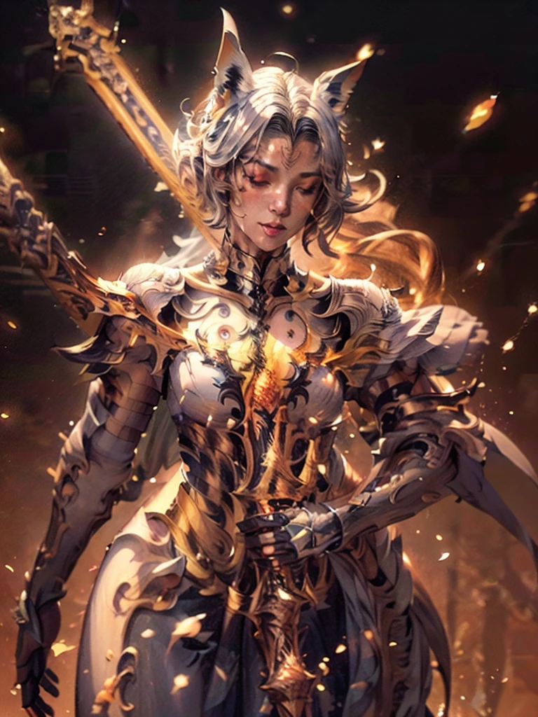 4K Digital art style quality, digital drawing mode, Japanese female character, silvery white hair with fox ears and tails, bright gold eyes, wearing a tank-top with magical runes, holding a mystical sword, Blur the background to create a three-dimensional effect, atmosphere, standing in a serene feudal Japan village, radiant skin, flowing hair, glossy lips, protective eyes, full body, dynamic pose, life size, perfect anatomy, detailed skin texture, full HD, 4K, HDR, perfect anatomy, depth of field.