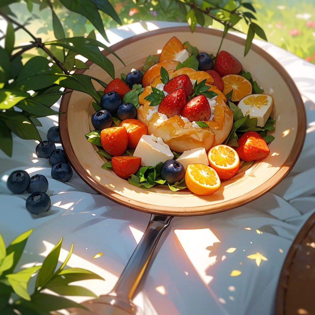 Sure! Here’s a food image prompt:

"A high-resolution photograph of a rustic wooden table set for an outdoor brunch. The table is laden with an array of colorful dishes: a freshly baked quiche with a golden, flaky crust; a vibrant salad with mixed greens, cherry tomatoes, avocado slices, and a sprinkling of feta cheese; a platter of assorted fresh fruits including strawberries, blueberries, and melon slices; a basket of warm, crusty bread rolls; and a pitcher of freshly squeezed orange juice. The sunlight filters through the leaves of nearby trees, casting dappled shadows on the table, enhancing the inviting and serene atmosphere."