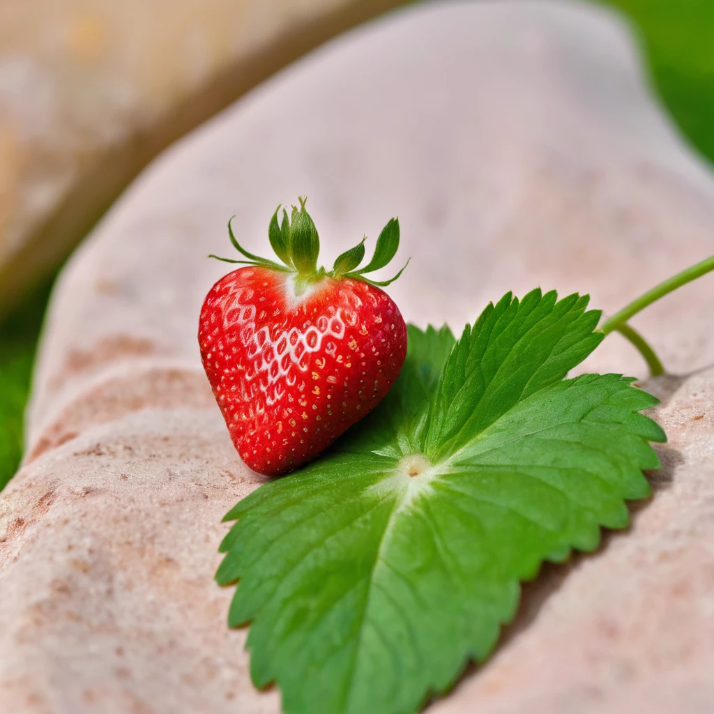 solo Strawberry, (close-up), juicy, sweet, delicate, heart-shaped, seeds, green leaves, freshness, summer, organic, vitamin-rich, fragrant, soft, ripe, shiny, berry, garden, picnic, healthy, delightful, indulgence, pinkish, nature's candy, Photography, detailed, 8K, realistic,(simple-background), no-humans