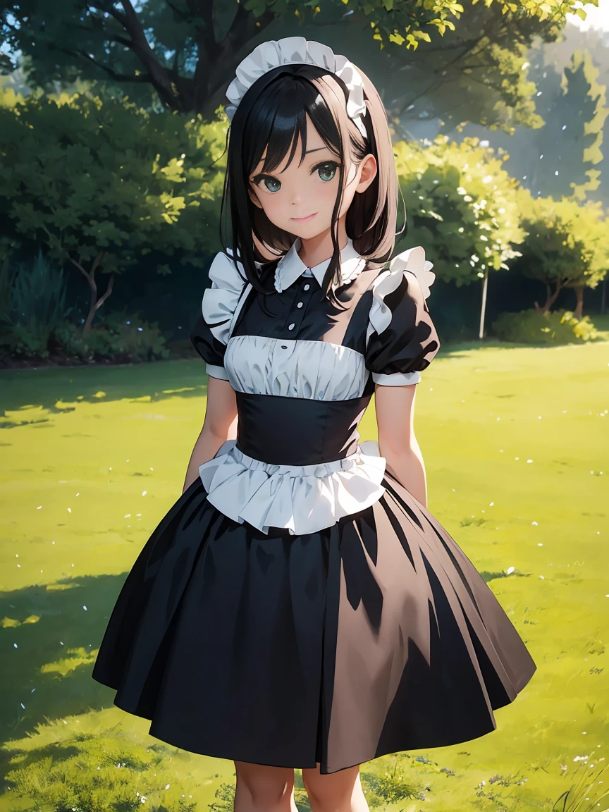 with horse ears, with black horse tale, black bob cut, blue eyes, light smile, (asw_eishin flash (Uma Musume)), Character portrait, masterpiece,  textured skin, hair over ears,  ((traditional maid)), Black Hair, solo, (EishinFlash), lawn, middle large breast,  Hi-Res,  blurred background, acrunchie adorned on the right horse ear, Outdoor, Natural Light, Character portrait, wind, full body, ( long skirt)