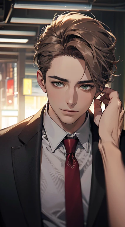 (Highest quality,4K,8K,High resolution,masterpiece:1.2),Super detailed,(Realistic,photoRealistic,photo-Realistic:1.37),1 person,34 years old,Mature Men,Beautiful skin、very handsome,Expressionless smile in love,Short gray brown hair,green eyes,Sharp Eyes,A perfect face without a doubt,Businessman, CEO, Office Background,Cinema Lighting,HDR image,tie、