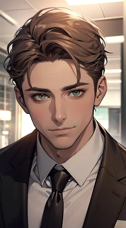 (Highest quality,4K,8K,High resolution,masterpiece:1.2),Super detailed,(Realistic,photoRealistic,photo-Realistic:1.37),1 person,34 years old,Mature Men,Beautiful skin、very handsome,Expressionless smile in love,Short gray brown hair,green eyes,Sharp Eyes,A perfect face without a doubt,Businessman, CEO, Office Background,Cinema Lighting,HDR image,tie、