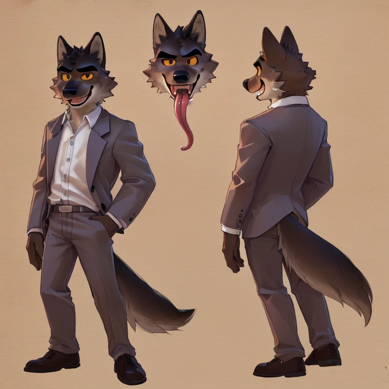 Mr. Wolf (The Bad Guys), Looking at viewer, Open Mouth, Sticking out long tongue, Yelloe Eyes, Brown Fur, Wide-Eyed, Wolf Ears, Anatomically Correct, Seductive Smile, Raised Eyebrow, Oral Invitation, Simple background, Multiple Views, Character Sheet Full-Length, Character Design, Illustration, High Resolution, Super Detailed, Textured Skin, Naked, Penis, Full-Frontal, Full Shot