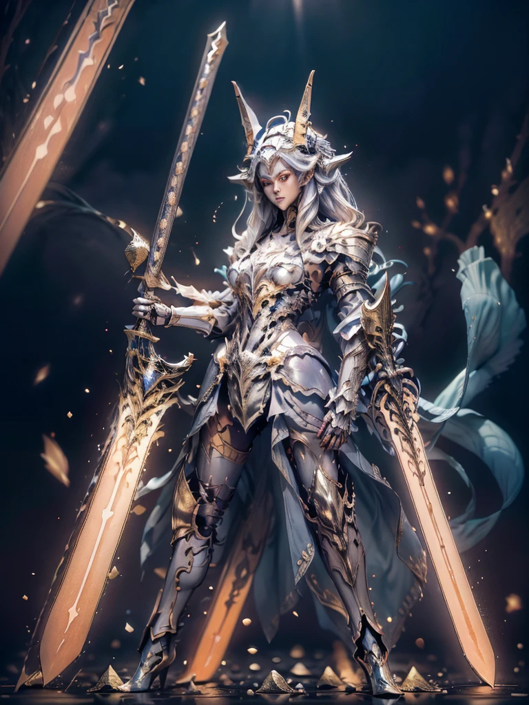 4K Digital art style quality, digital drawing mode, Japanese female character, silvery white hair with fox ears and tails, bright gold eyes, wearing a tank-top with magical runes, holding a mystical sword, Blur the background to create a three-dimensional effect, atmosphere, standing in a serene feudal Japan village, radiant skin, flowing hair, glossy lips, protective eyes, full body, dynamic pose, life size, perfect anatomy, detailed skin texture, full HD, 4K, HDR, perfect anatomy, depth of field.