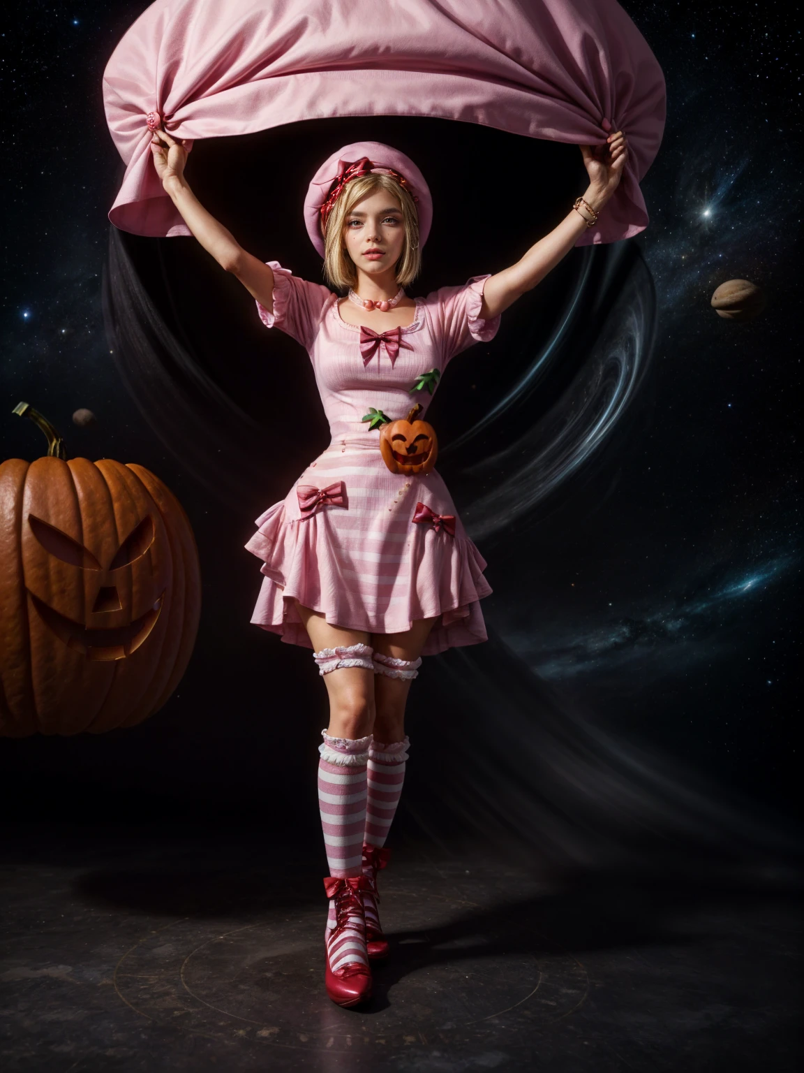 (1 lady), The beautiful, (Best quality at best:1.4), (ultra - detailed), (extremely detailed CG unified 16k), gold blonde hair, very detailed, High-definition RAW color photo, professional photoshooting, amazing face and eyes, cosmetics, (amazingly beautiful girl), ((lambdadelta, taller, tall woman)), ((dress, shoes bow, red shoes, striped stockings, red bow, pink hat, necklace, gloves, pearl, pumpkin brooch, pink dress)), levitating in a cute posture (floating in the air), (She's levitating in a cosmic sea, outer space:1.3, quantum hyperspace room lacking walls, hyperspace chamber, extremely detailed background, a lot of details background, realistic outer space background with stars quasars and cosmic bodies, brighter background), (look from above), realistic cinematic face, head to feet long wide zoomed out view, full body long view, photorealistic, ((realistic natural blonde hair style, red eyes)), gorgeous, extremely beautiful face, perfect model beauty, pout mouth, Highly Detailed Face and Skin Texture, Detailed Eyes, Double Eyelids, Big Breasts, Persistent Stare, Faith Trance, (mystical stare, looking eternity), (masterpiece), best quality, high resolution, depth of field, cinematic lighting, amazing legs, pink combat boots, clear and well-cared skin