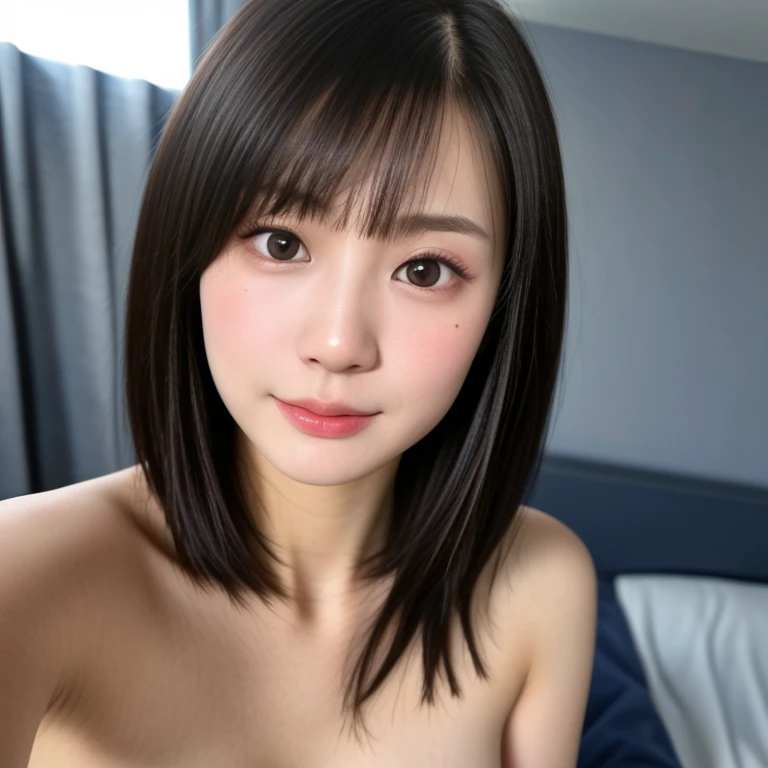 NSFW, (kawaii 24 year-old Japanese girl, Nogizaka idol, Korean idol), healthy female athlete body, (glossy black hair, short hair, pixie cut, bangs:1.3), (rounded face, beautiful black eyes, single eyelid, no makeup, looking at something out of frame, shy, noseblush:1.5), (nude, visible bare breasts, cum on breasts:1.3), extra small breasts, BREAK, (bedroom background, wariza on the bed:1.2), (dynamic angle, cowboy shot:1.2), BREAK, (masterpiece, best quality, photo realistic, official art:1.4), (UHD, 8K quality wallpaper, high resolution, raw photo, golden ratio:1.3), (shiny skin), professional lighting, physically based rendering, award winning, (highly detailed skin, extremely detailed face and eyes), Carl Zeiss 85 mm F/1.4, depth of field, 1girl, solo,