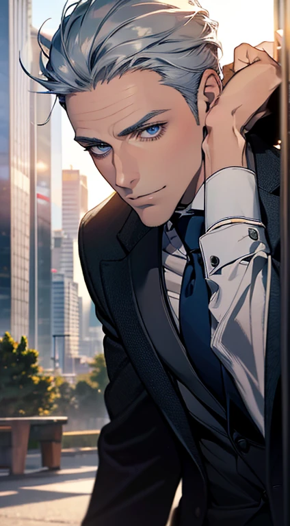 (best quality,4k,8k,highres,masterpiece:1.2),ultra-detailed,(realistic,photorealistic,photo-realistic:1.37),1 man,31 years old,mature man,very handsome,without expression,smile,short grey blue hair,blue eyes,penetrating gaze,perfect face without errors,imposing posture,businessman,office background,cinematic lighting,hdr image