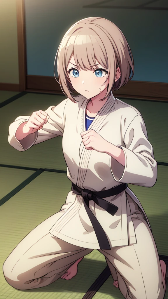 ((masterpiece, Highest quality, Very detailed, Very nice 8K CG wallpaper)), , A little thick, Medium Hair, Beige Hair, short hair, Bright Blue Eyes,judo player、長袖judo着、Large bust、ロングjudoパンツ、judo、Serious expression、Inside the judo Gymnasium、、On the tatami、discovery、One Girl、Combat Stance、A tough fight、Honami Mochizuki、Bust Size F Cup、Clenched hands(punch:1.3)、Spread your legs、Sweating