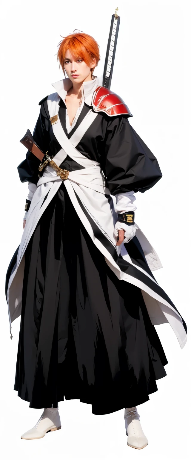 A man with white and black dress, orange hair, a sword in the back