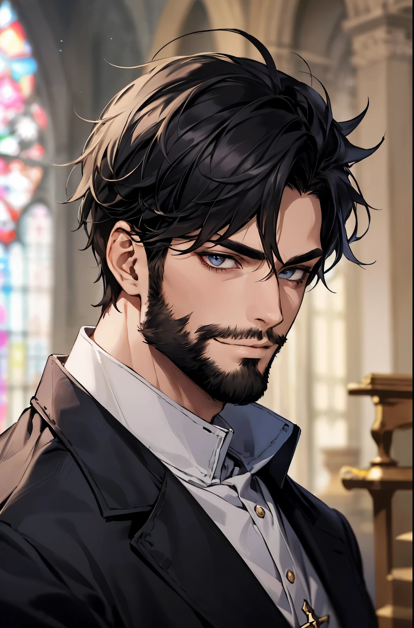 (Uhd, Masterpiece, Textured Skin, Super Detail, High Details, High Quality, Best Quality), 1man, ((*Man*)), solo male focus, short hair, black hair, Messy hair, Priest clothes, black clothes, modern style, in a Church background, Adult man look, beard, Slightly smug look, Close-up on the face, playboy face, Villain look