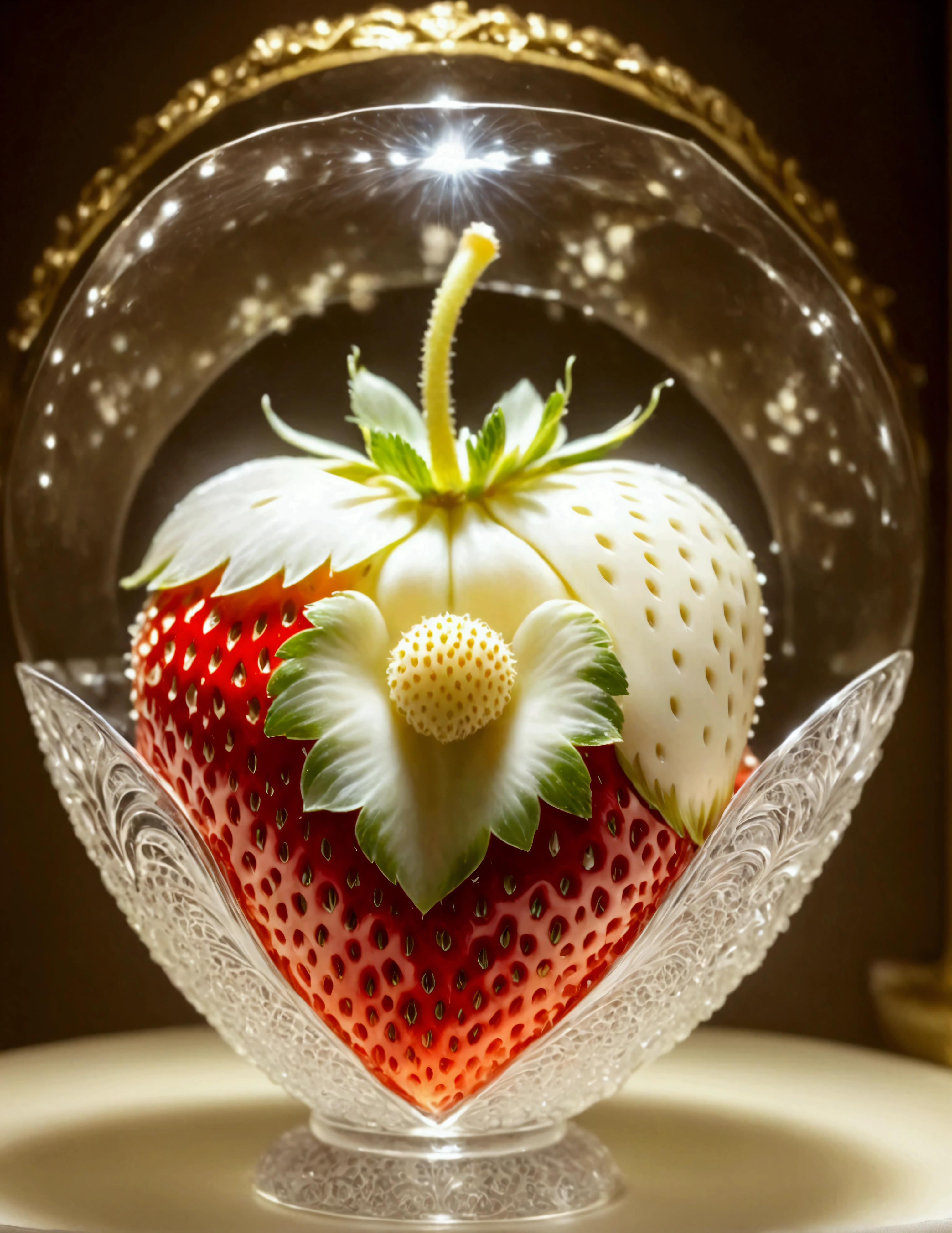 A single white strawberry of the latest variety is carefully displayed in a glass showcase, (Close-up of a single white strawberry), white strawberries in a crystal vessel, luxury white strawberries, large, displayed in a luxury department store, intricate detailed white strawberry, white theme, spotlight, Intricate detailed exhibition table, Vivid contrast, accurate detail, high detail, shining contours, precision, high-quality oil painting,. stunningly beautiful, Masterpiece,Best Quality, high Detailes, 8K