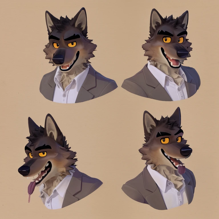 Mr. Wolf (The Bad Guys), Looking at viewer, Open Mouth, Sticking out tongue, Yelloe Eyes, Brown Fur, Wide-Eyed, Wolf Ears, Anatomically Correct, Seductive Smile, Raised Eyebrow, Oral Invitation, Simple background, Multiple Views, Character Sheet Full-Length, Character Design, Illustration, High Resolution, Super Detailed, Textured Skin, Naked, Penis, Full-Frontal, Full Shot