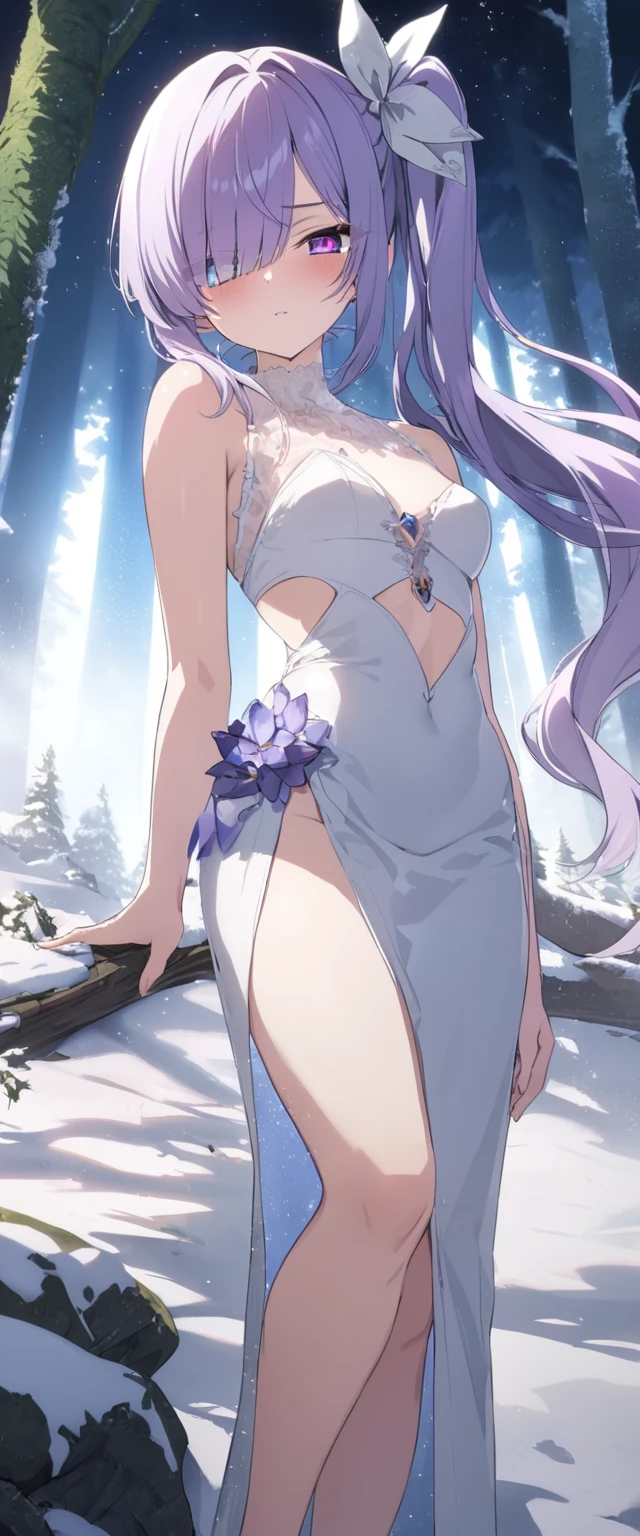 Long hair, blue and Iris purple hair, Side ponytail, hair over one eye, brushed eyes, diagonal bangs, ribbon, hair ribbon, evil eyes, heterochromia, Crystal Pupils, Light Blush, high detail, glowing light, ray tracing, high details, super detail, high quality, highres, Apricot high slit skirt，1080P, The snow-capped mountains sparkle silver in The sunlight The pine forest at The foot of The mountain is covered, Stunning, Exquisite, Comely, Charming, Aesthetically pleasing