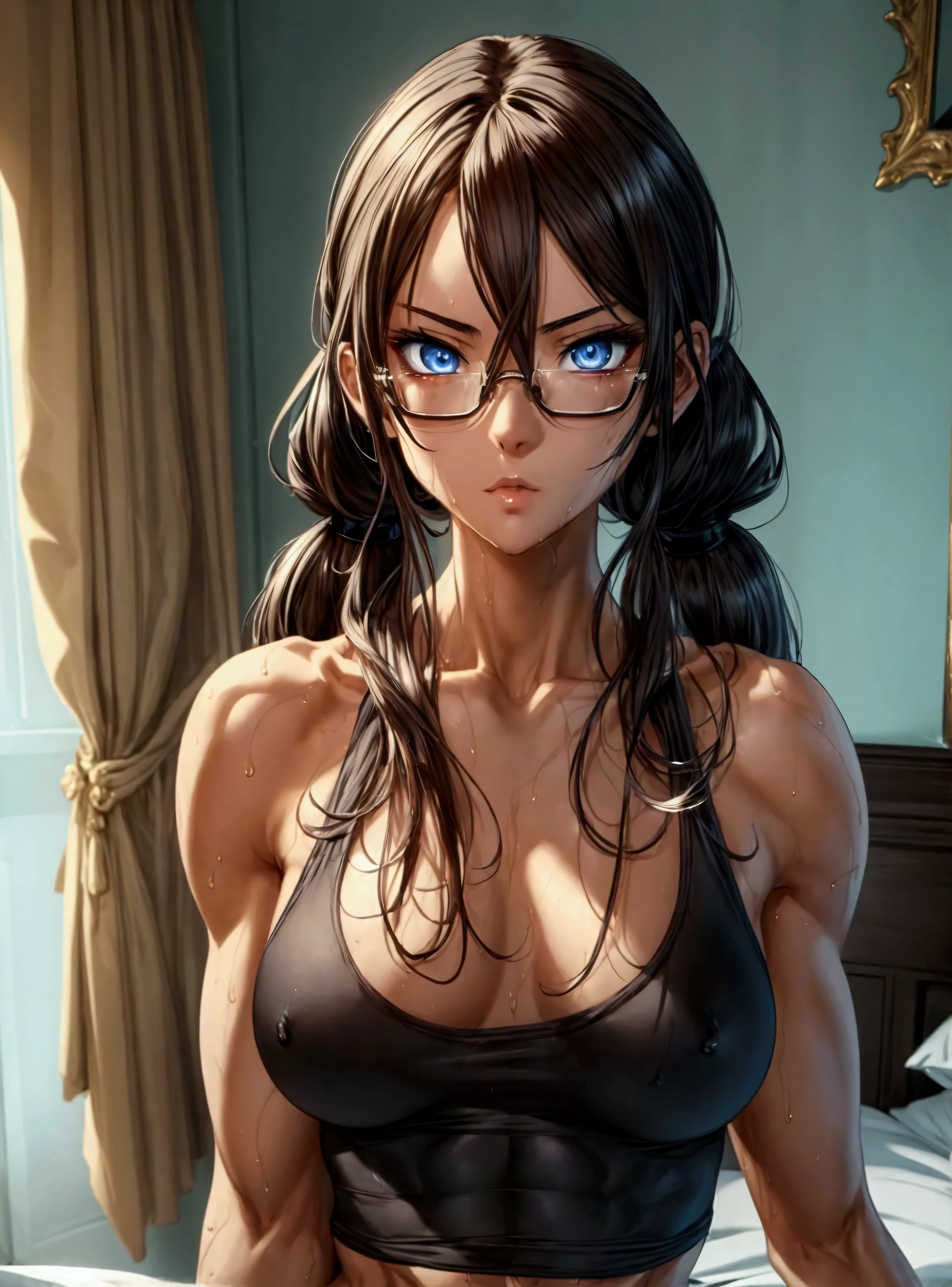 ((full body)), athletic body, masterpiece, best quality, anime, anatomically accurate, detailed face, pretty face, extremely detailed face, 1girl, tall girl, long hair, long legs, slender body, skinny body, small breasts, flat chest, twintails hair, brown hair, framed glasses, standing, sexy pose, wet skin, glossy skin, big and expressive eyes, (wearing a very short and sensual tank top and tight shorts), (((slim, muscular legs))), blue eyes, mesmerizing hair, (muscular belly), slender hips, thin waist, (perfect feet with fingers very well detailed), (Perfect hands and fingers very well detailed), toenails a little square, bare feet, full body photo, in the dormitory room, lying in bed, reflection in the eye, dark eyes, anime, Anime Style, cinematic lighting, ray tracing, panorama, Sony FE, high definition, artwork, Anatomically Correct, Textuvermelho Skin, super detail, high quality, high resolution, high definition