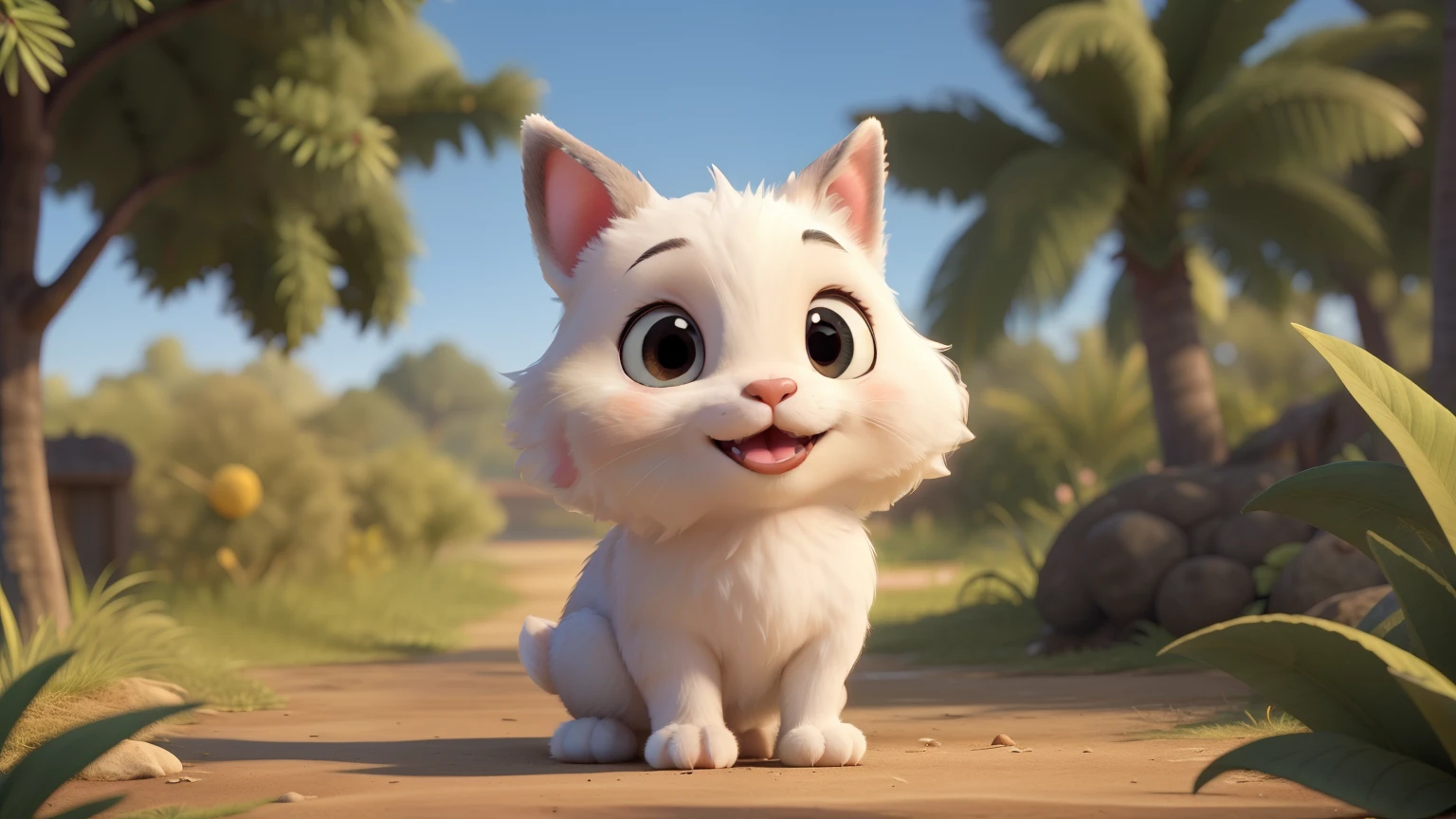 A cute little rabbit in 3D animation, with fluffy white fur, big round black eyes, perky ears, and a bright, happy smile., with its ears perked up, listening to the sound of crying coming from a nearby bush.