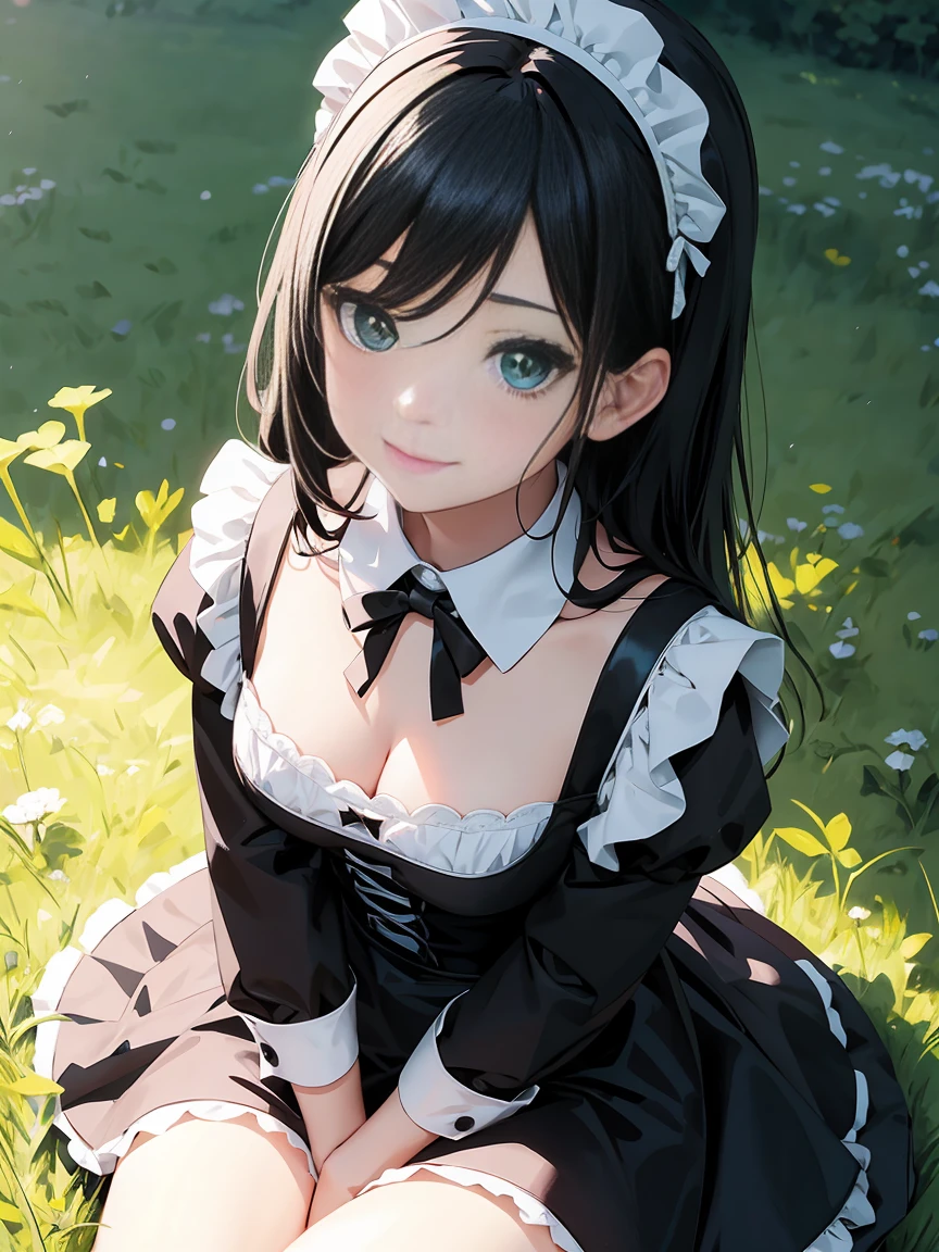 Draw the face in detail、1 childish girl、Maid costume、Professional lighting、Happy expression、Shiny black hair、Perfect anatomical structure、On a green meadow、Sitting on the grass