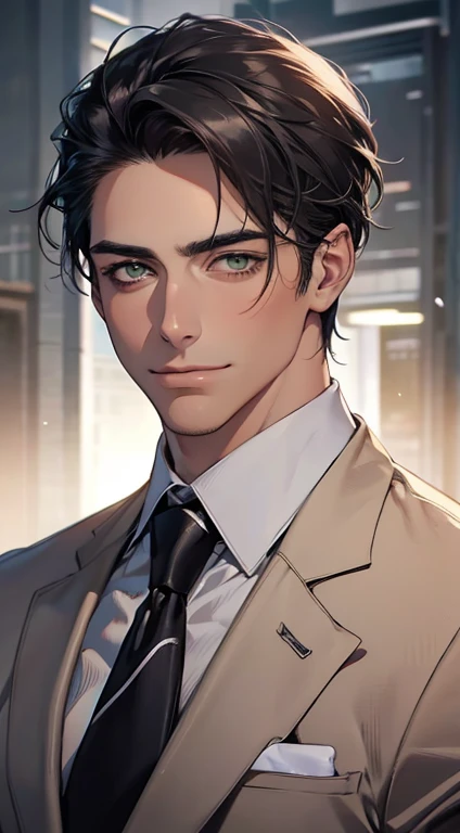 (Highest quality,4K,8K,High resolution,masterpiece:1.2),Super detailed,(Realistic,photoRealistic,photo-Realistic:1.37),1 person,34 years old,Mature Men,Beautiful skin、very handsome,Expressionless smile in love,Short gray black hair,green eyes,Sharp Eyes,A perfect face without a doubt,Businessman, CEO, Office Background,Cinema Lighting,HDR image,tie、